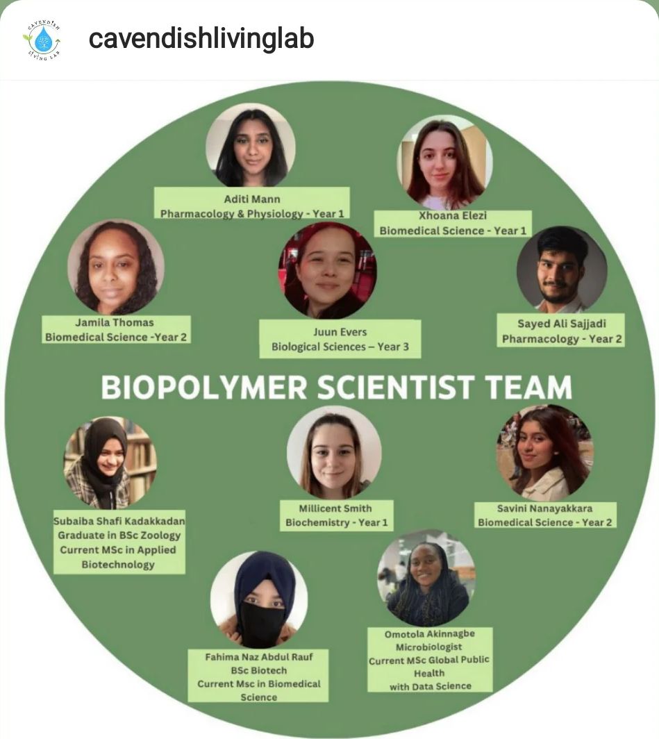 Graphic of the Cavendish Living Lab Biopolymer Scientist team with ten member photos and course names, including Subaiba
