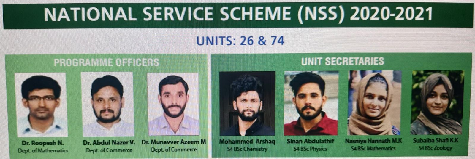 College newsletter panel for the National Service Scheme 2020–2021 showing programme officers and four unit secretaries, including Subaiba Shafi K.K, S4 BSc Zoology